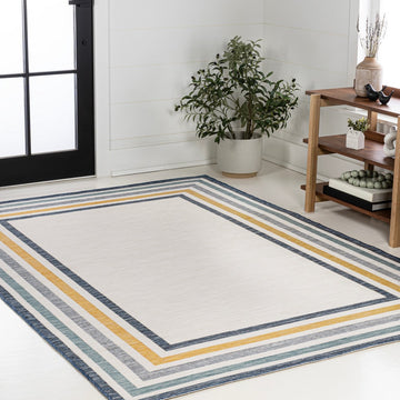 Pollux Classic Coastal Mitred Stripe Reversible Machine-Washable Indoor/Outdoor Area Rug